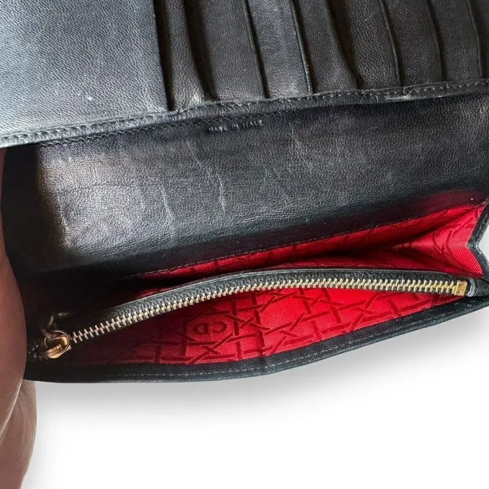 Vintage Christian Dior Lady Dior Black Leather Quilted Long Wallet 7.5 x 3.75